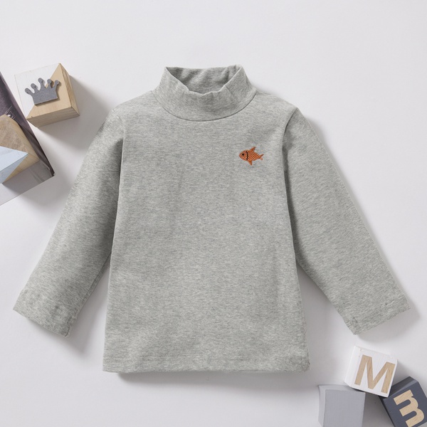 Baby / Toddler Causal Embroidered Solid Hight Neck Long-sleeve Tee