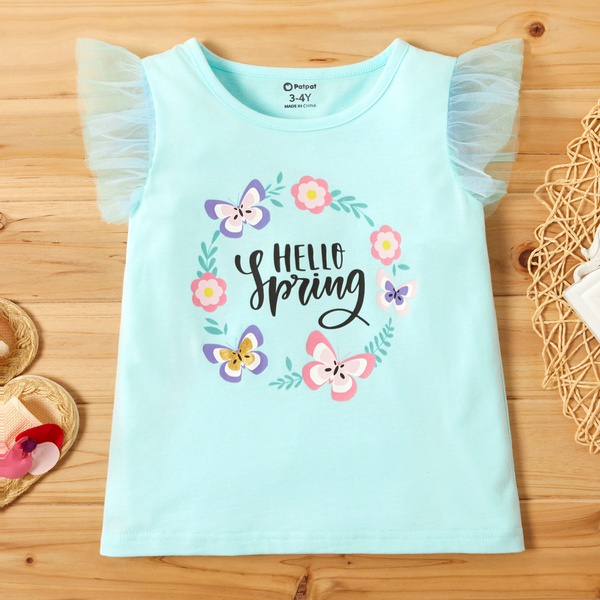 Toddler Girl Floral Letter Print Mesh Decor Tee