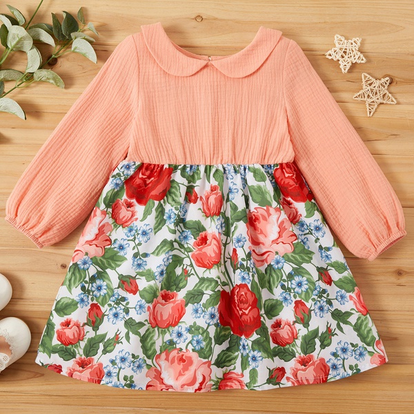 Toddler Girl Floral Print Colorblock Ruffled Doll Collar Dress
