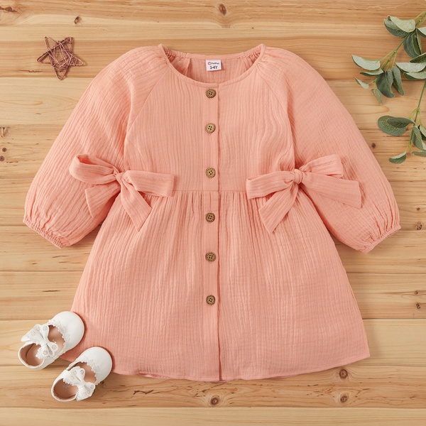 Toddler Girl Solid Bowknot Ruffle Puff-sleeve Dress
