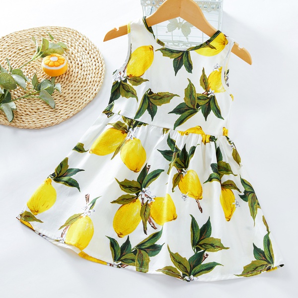 Baby / Toddler Girl Fruit Lemon Print Bowknot Sleeveless Dress