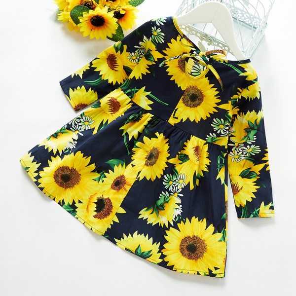 Baby / Toddler Girl Sunflower Print Bowknot Long-sleeve Dress