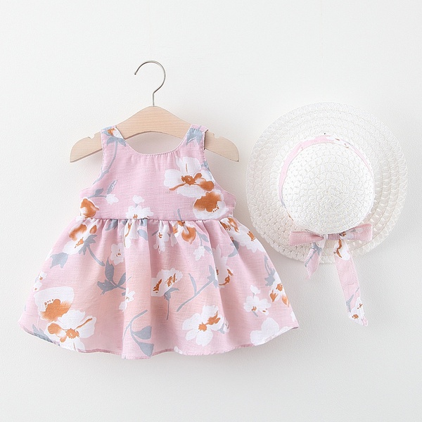2-piece Baby / Toddler Girl Pretty Floral Print Bowknot Dress with Hat Sets