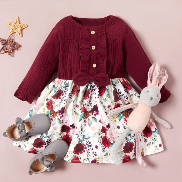 Baby / Toddler Bowknot Decor Floral Print Splice Dress