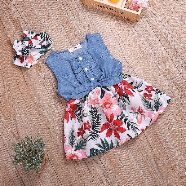 Baby / Toddler Pretty Floral Print Denim Splice Dress and Headband