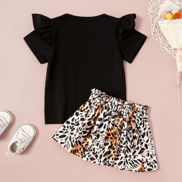 2-piece Baby / Toddler Girl Letter Print Flounce Decor Top and Leopard Print Skirt Set