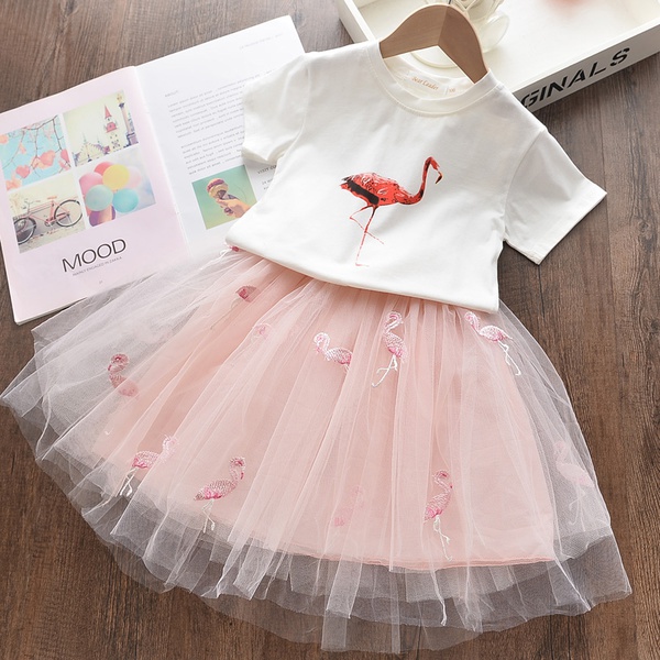 2-piece Toddler Girl Flamingo Print Trendy and Tulle Skirt Sets