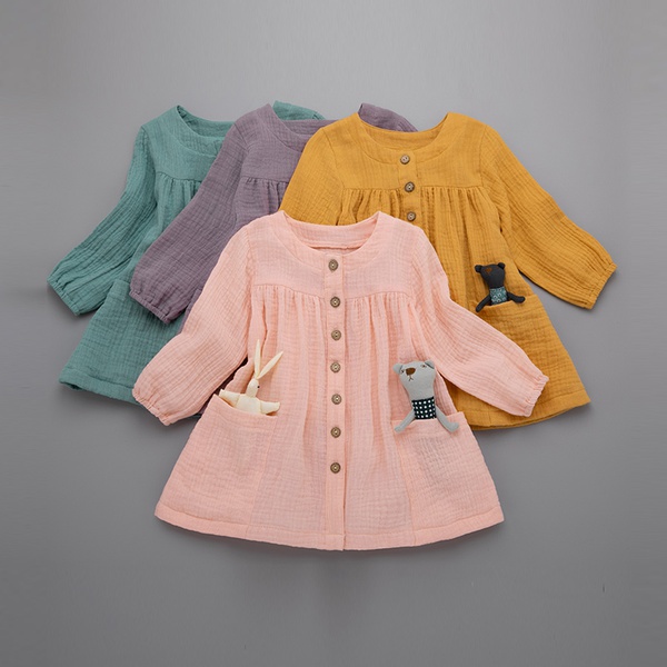 Baby / Toddler Casual Solid Pocket Design Long-sleeve Dresses