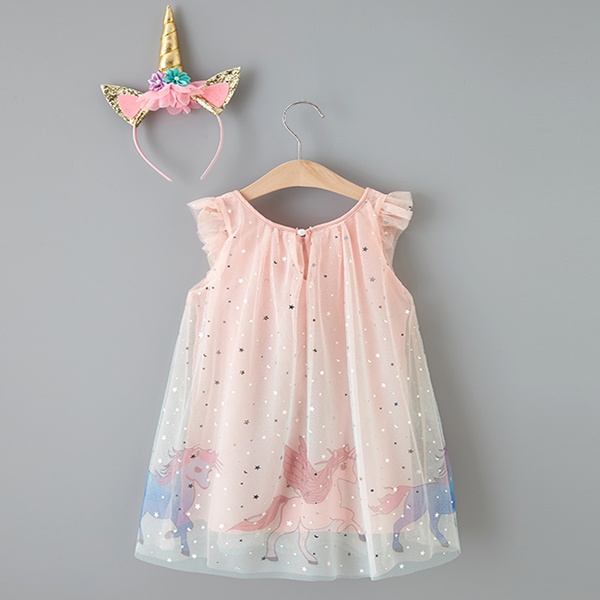 Baby / Toddler Girl Pretty Unicorn Decor Tulle Dress (No headband)