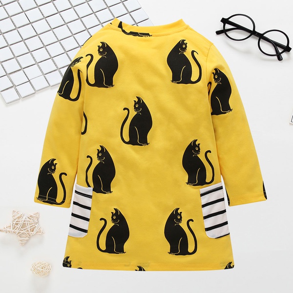 Cute Cat Print Striped Pockets Long-sleeve Dress for Toddler Girl