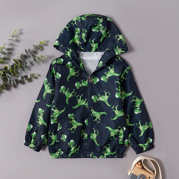 Cool Dinosaur Print Zipper Front Coat For Boys