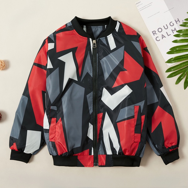 Trendy Geometric Print Stand Collar Jackets