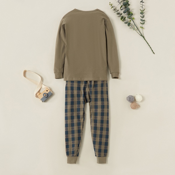 Fashionable White Bear Print Tee and Plaid Pants Set