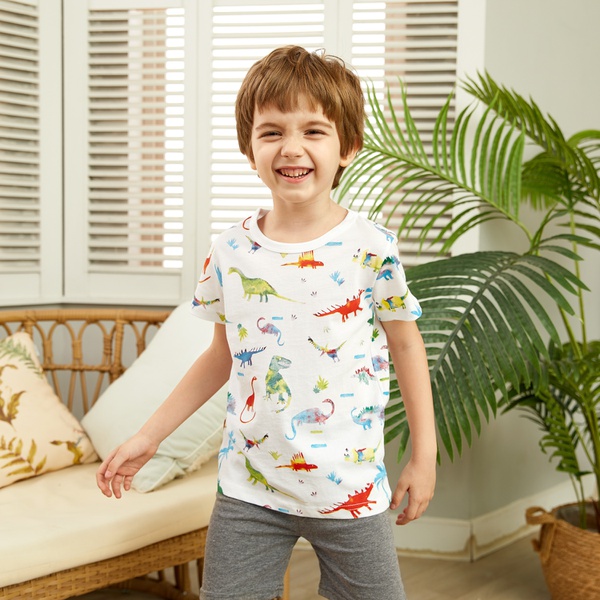 Trendy Cartoon Dinosaur Top and Solid Shorts