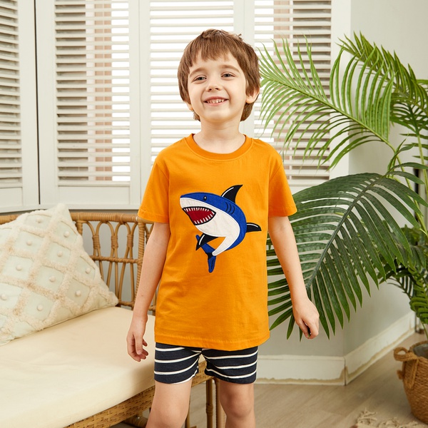 2-piece Casual Animal Shark Print Top and Striped Shorts Set