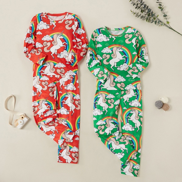 Fashionable Unicorn Rainbow Print Allover Long-sleeve Tee and Pants Sets