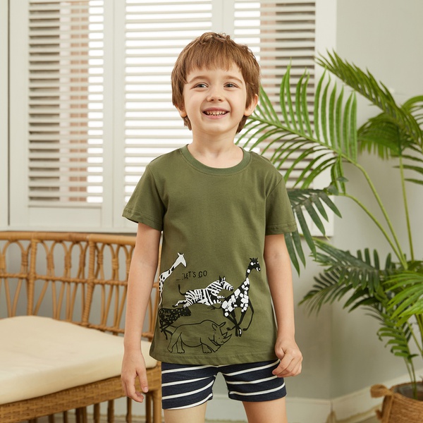2-piece Stylish Cartoon Animal Print and Striped Shorts Set