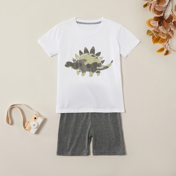 Trendy Cartoon Dinosaur Top and Solid Shorts