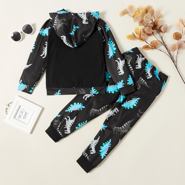 Fashionable Dinosaur Letter Allover Print Hooded Sweatshirt and Pants Set