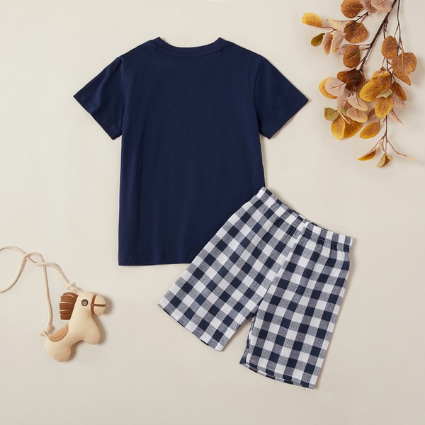 Fashionable Dinosaur Tee and Plaid Shorts Set