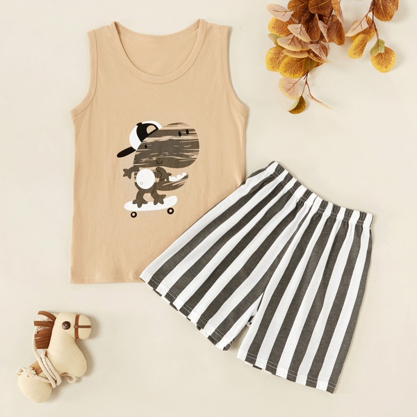 Fashionable Cartoon Dinosaur Print Tank and Striped Shorts Set