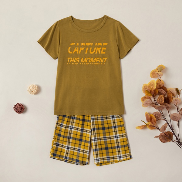 rendy Letter Print Top and Plaid Shorts Set