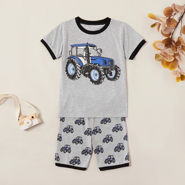 Trendy Cartoon Car Print Tee and Allover Shorts Set