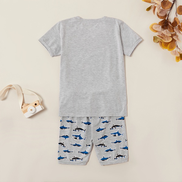 Trendy Cartoon Sharks Print Tee and Allover Shorts Set