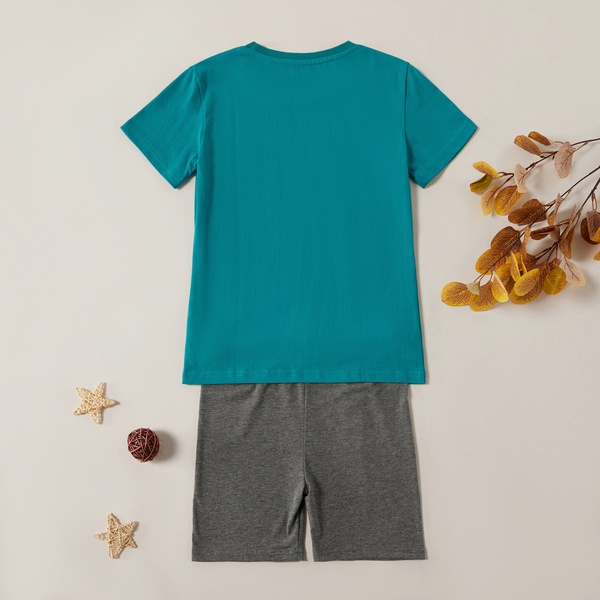 Trendy Cartoon Dino Short-sleeve Top and Solid Shorts Set
