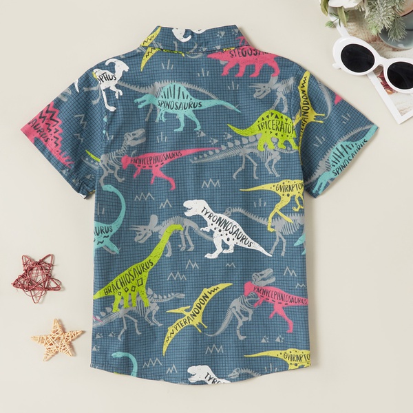 Trendy Dinosaur Allover Plaid Print Polo Shirt