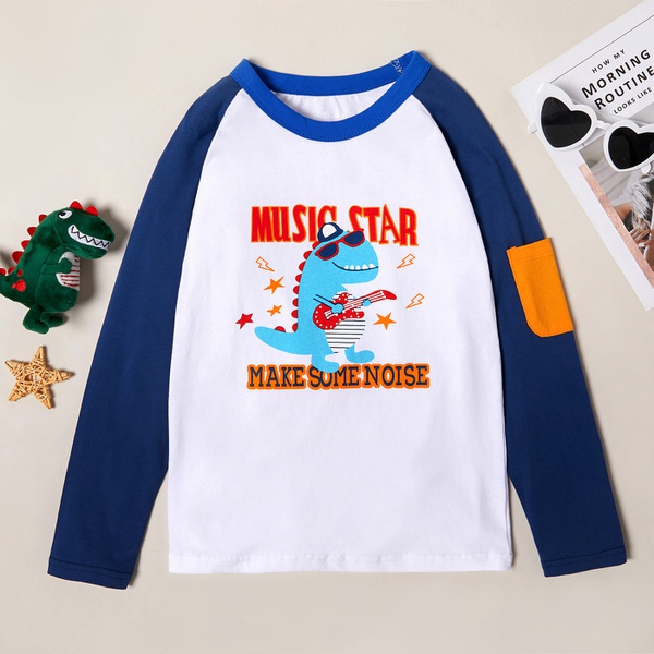 Trendy Music Dinosaur Letter Print Pocket Long-sleeve Tee