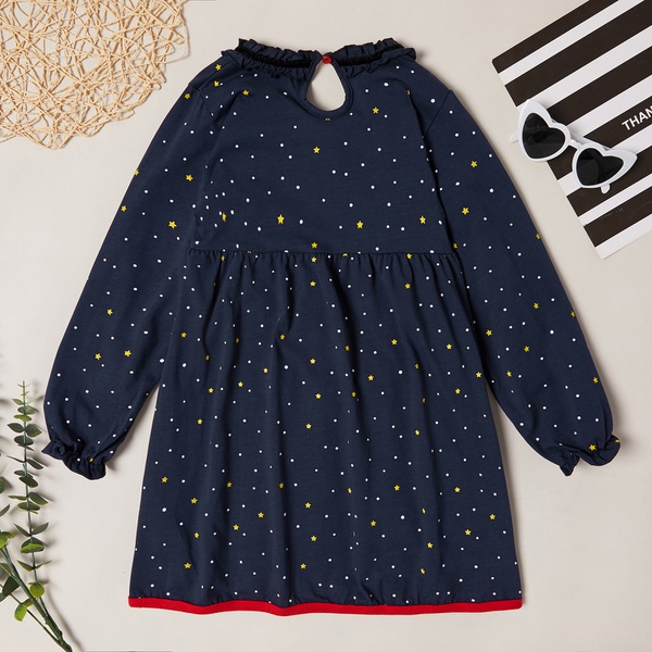 Fashionable Christmas Stars Allover Print Ruffled Long-sleeve Dress