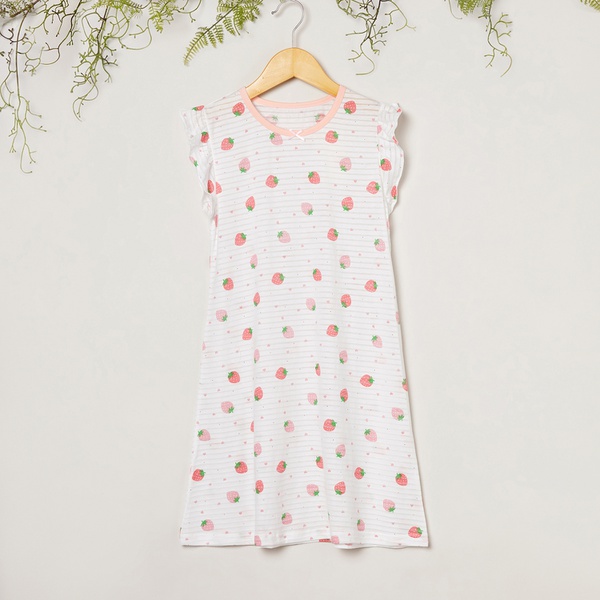 Beautiful Strawberry Allover Print Striped Flare-sleeve Dress