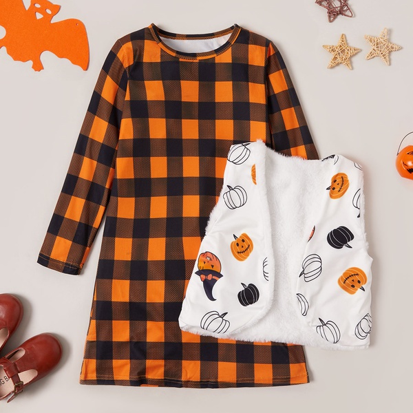 Stylish Halloween Pumpkin Print Waistcoat and Plaid Long-sleeve Dress Set