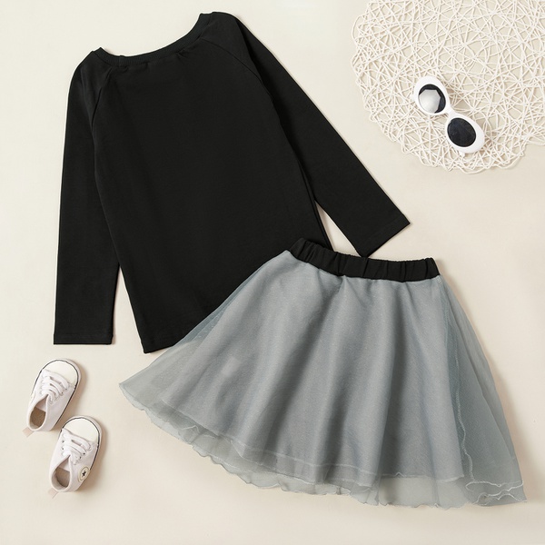 Trendy Solid Long-sleeve Tee and Mesh Strappy Skirt Set