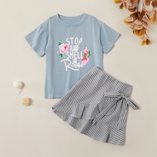 Fashionable Letter Print Top and Striped Skirt Sets