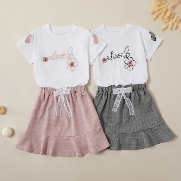 Beautiful Flower Decor Tee and Plaid Skirt Sets