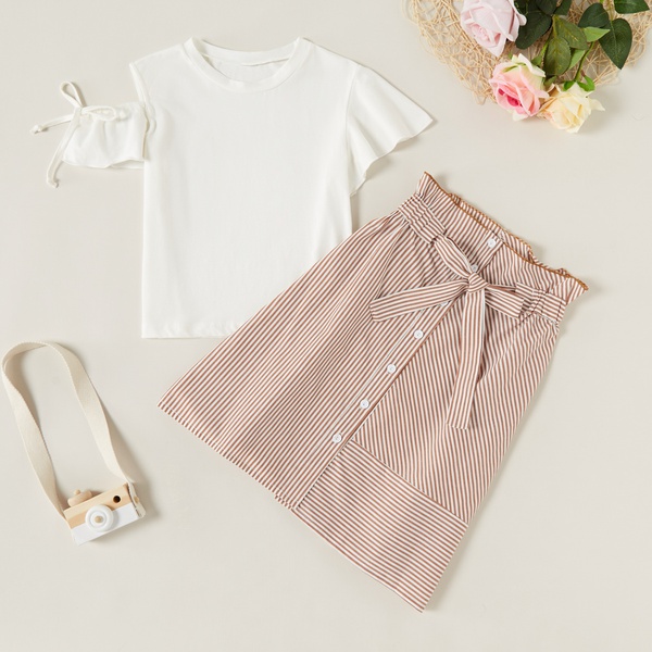 2-piece Sweet Solid Irregular Flare-sleeve Top and Striped Skirt Set