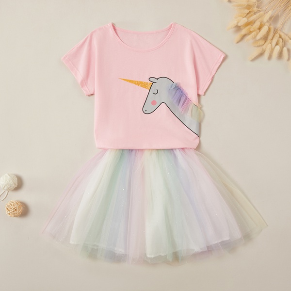 Pretty Unicorn Print Tee and Rainbow Mesh Skirt Sets
