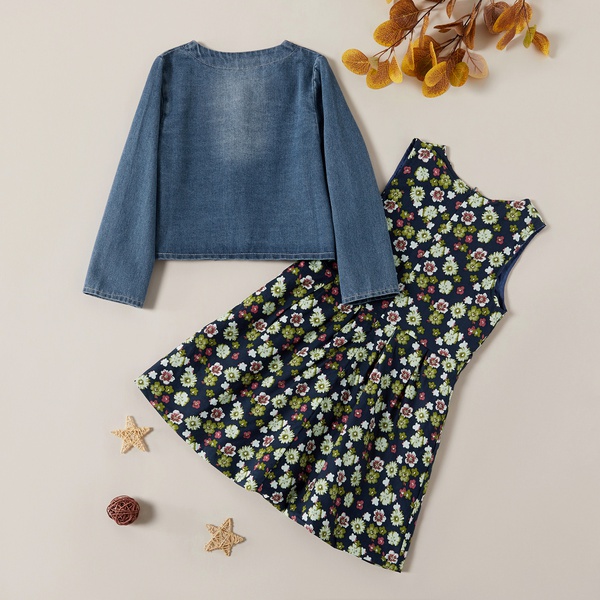 Sweet Flower Allover Dress and Denim Coat Set