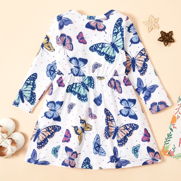 Trendy Butterfly Allover Print Ruffled Long-sleeve Dress