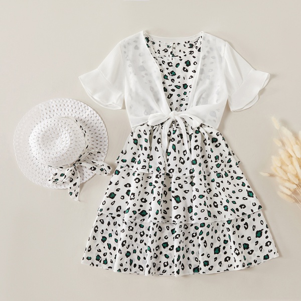 3-piece Trendy Leopard Print Sleeveless Dress and Solid Shawl with Hat Sets