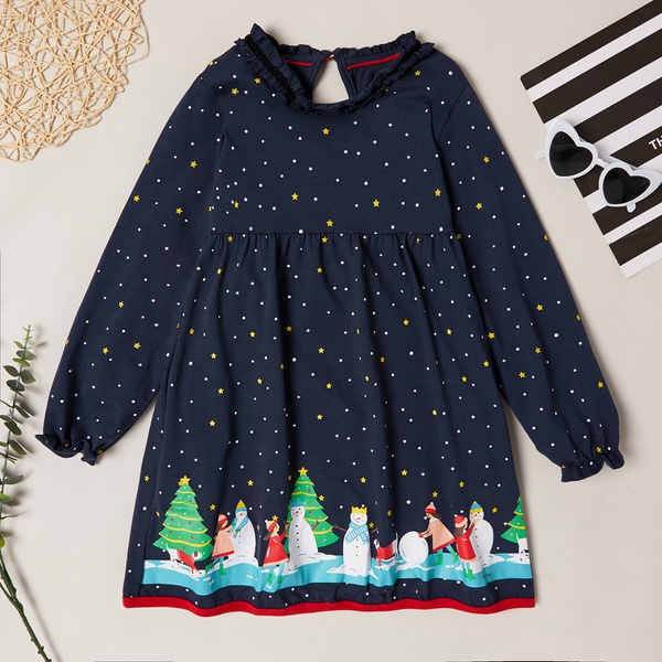 Fashionable Christmas Stars Allover Print Ruffled Long-sleeve Dress