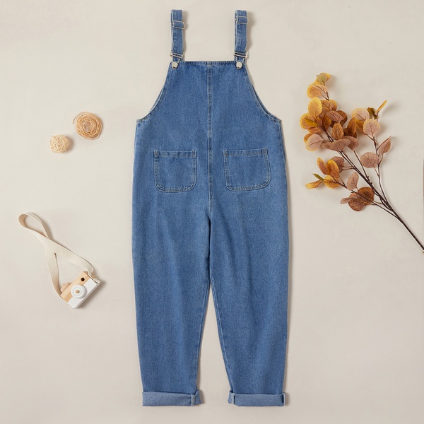 Trendy Solid Denim Suspender Pants