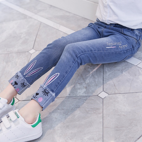 Cute Rabbit Embroidered Jeans in Blue