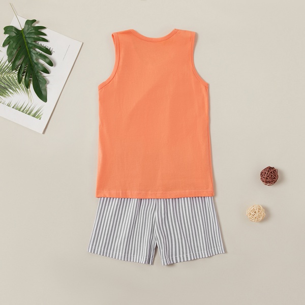 Stylish Cartoon Dinosaur Print Top and Striped Shorts Set