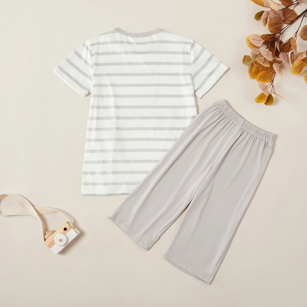 Casual Letter Print Striped Top and Solid Shorts Set