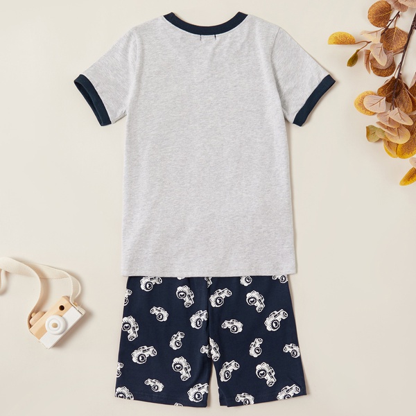 Trendy Cartoon Car Print Tee and Allover Shorts Set