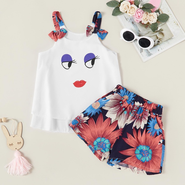 2-piece Trendy Cartoon Print Tank and Flower Shorts Set