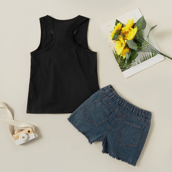Pretty Sunflower Letter Print Tank and Denim Shorts Set